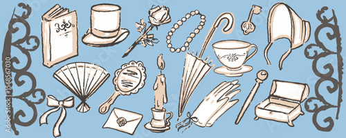 Banner with romantic vintage elements. Victorian style. Hand draw doodle. Vector, isolated. Ink texture. Regency Roman.