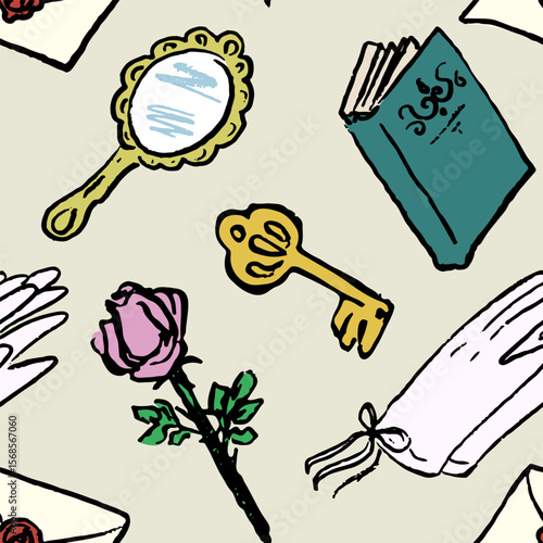 Seamless pattern with romantic elements. Hand draw, ink. Vector, isolated. Doodle. Vintage style, romantic novel, drama
