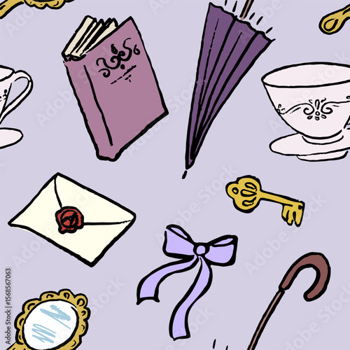 Seamless pattern with romantic Victorian style. Hand draw, ink. Vector, isolated. Doodle.