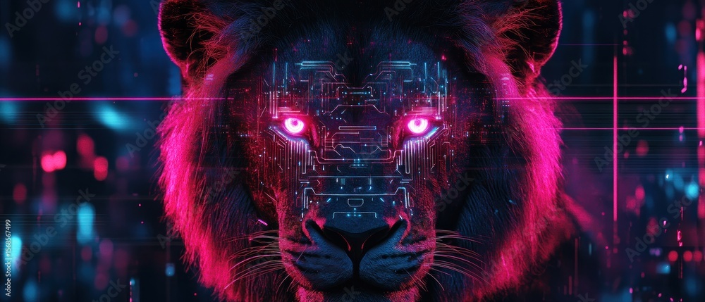 Fototapeta premium Digital lion neon cyberpunk style