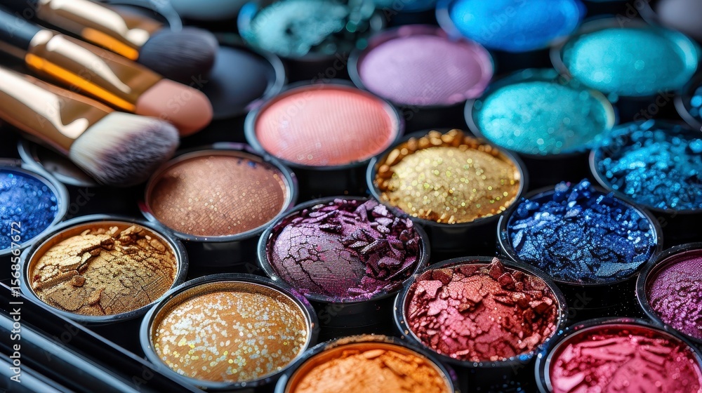 Naklejka premium Assorted eyeshadows in a palette with brushes, showcasing varied colors