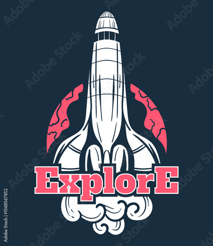 Space scientific explore astronaut alien rocket planet sticker badge isolated set. Vector flat cartoon graphic illustration