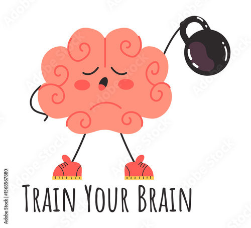 Brain strong hold weight in gym doing exercise fitness memory training concept. Vector cartoon graphic design element illustration