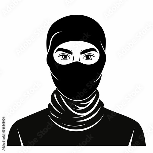 Mysterious Man in Black Balaclava Intriguing Portrait image vector isolated on white background.