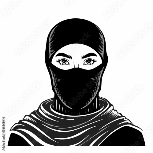 Mysterious Man in Black Balaclava Intriguing Portrait image vector isolated on white background.