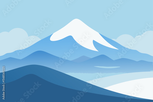 Mountain landscape vector illustration with snow-capped peaks, a serene lake, and a vibrant sunset sky
