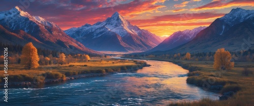 Panoramic View Of River And Mountains In Nature During Colorful Sunset. Background Panorama