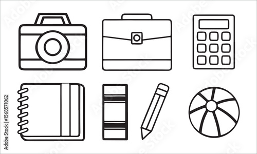 Camera briefcase calculator notebook eraser pencil ball