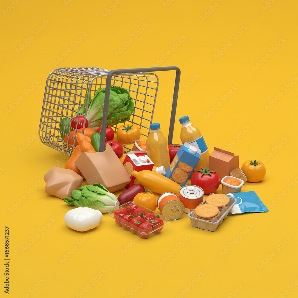 Obraz premium Overturned Shopping Basket with Assorted Grocery Items, Food, and Drinks on a Yellow Background – 3D Illustration Concept