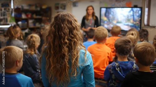 Students watching a screen in a classroom with a teacher standing in front of the class teaching them