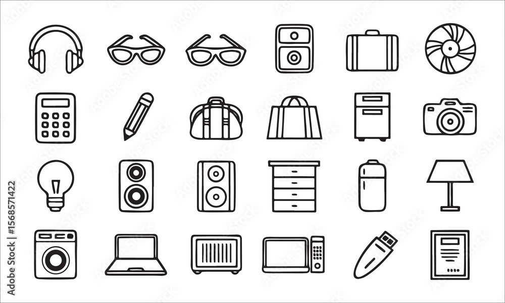 Fototapeta premium Everyday objects and electronics icons headphones sunglasses