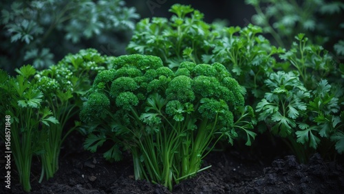 Fresh parsley in the garden with empty copy space for text