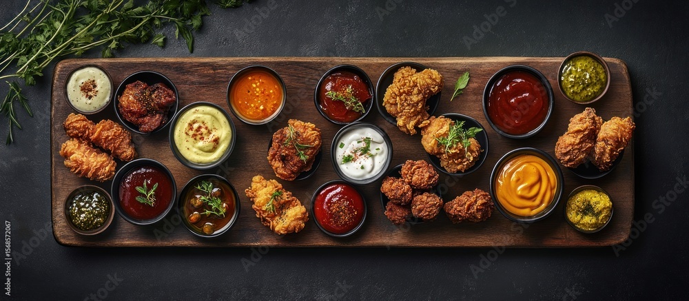 Aesthetic arrangement of crispy fried chicken and diverse dipping sauces on wooden platter against dark backdrop Aesthetic arrangement of crispy fried chicken and diverse dipping sauces on wooden platter against dark backdrop