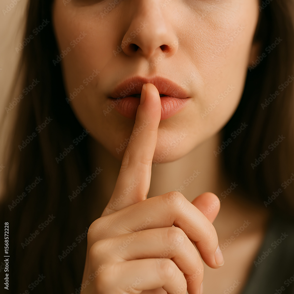 Naklejka premium A female, young adult, places her finger to her lips, signaling silence or secrecy in a close-up shot of her lower face. Generative AI.