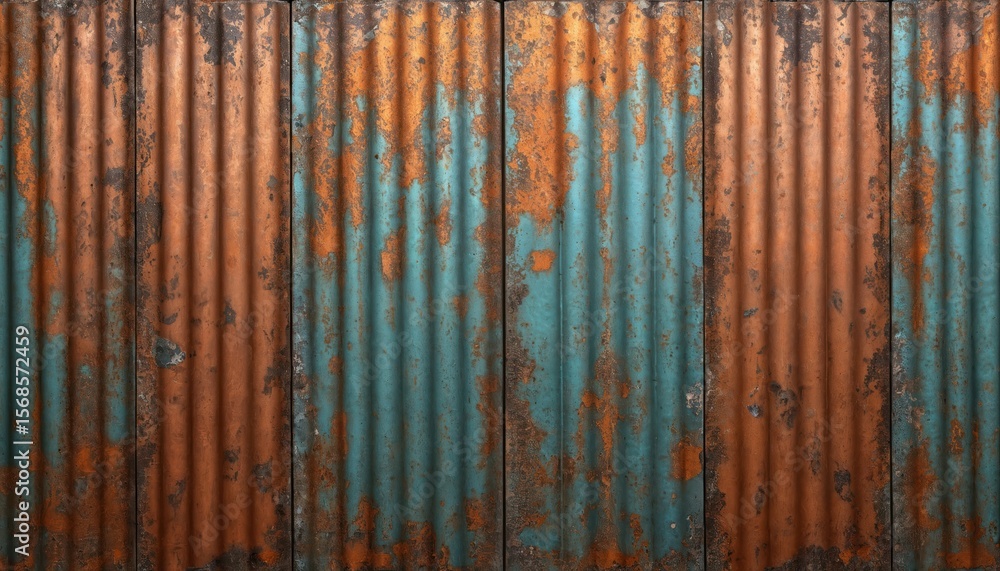 Fototapeta premium Corrugated metal sheets show oxidized copper patina with rust, wear. Weathered bronze brass textures in orange-brown hues form abstract pattern. Grunge background offers vintage, antique aesthetic