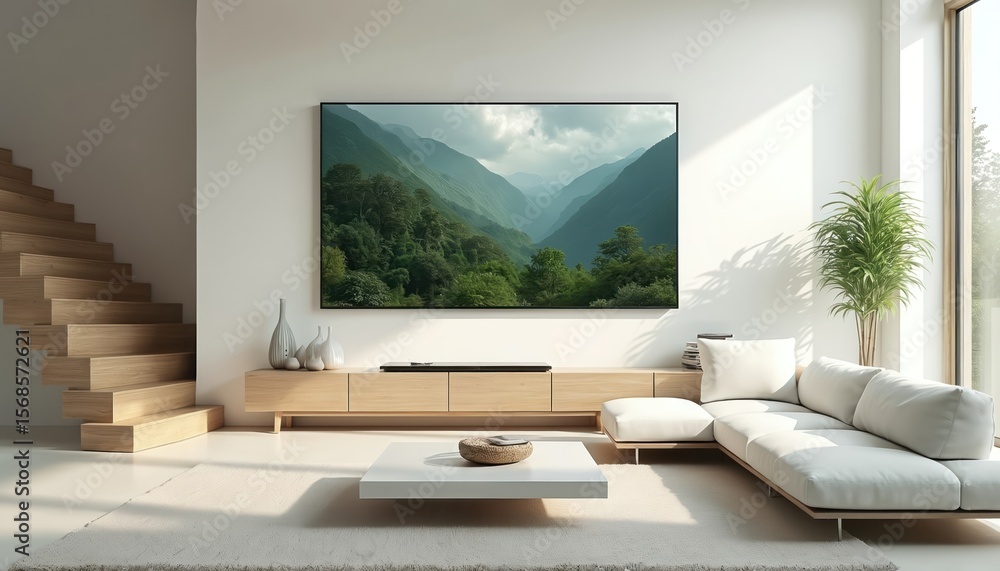 Fototapeta premium Modern minimalist living room featuring white sectional sofa, wooden floating stairs, large TV displaying serene mountain landscape. Bright, airy space includes natural light, potted plant, low