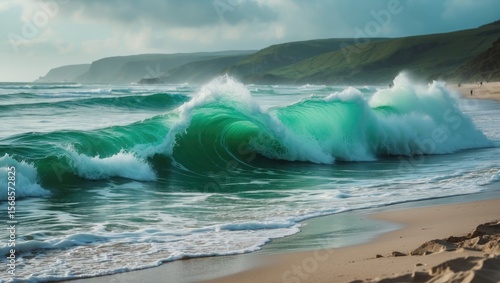 Fototapeta Naklejka Na Ścianę i Meble -  Green wave with white sea foam and turquoise water on sandy beach with empty copy space for text