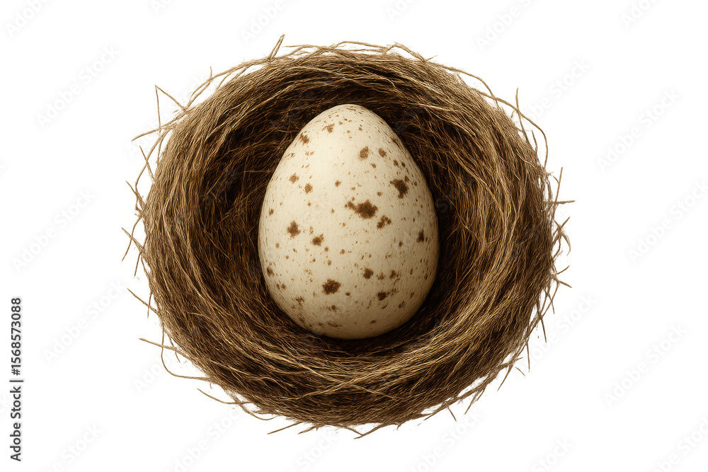 Obraz premium Bird nest cradling a single speckled egg, isolated on a transparent background, ready for compositing