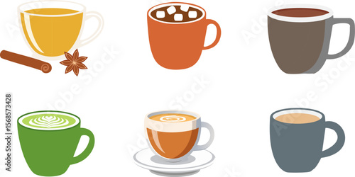 Assortment of six hot drinks in mugs: tea, hot chocolate, coffee, matcha latte, latte, and chai tea latte. 