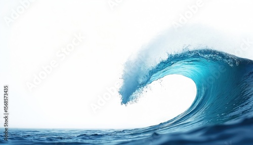 Fototapeta Naklejka Na Ścianę i Meble -  Majestic ocean wave curls with vibrant blue water, white foam against clean white background. Left side offers ample blank space for text, ideal for World Oceans Day promotions summer themes. Splash