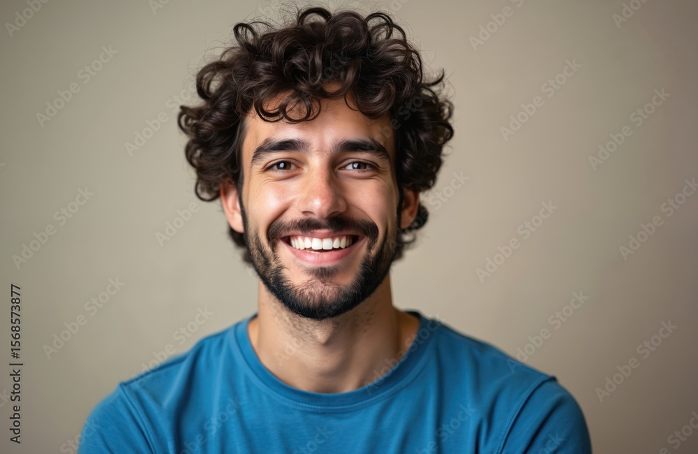 Fototapeta premium Young man with curly dark hair and beard smiles warmly at camera. Wearing a blue t-shirt. Neutral grey background. Captures happiness, enjoyment, and positive lifestyle.