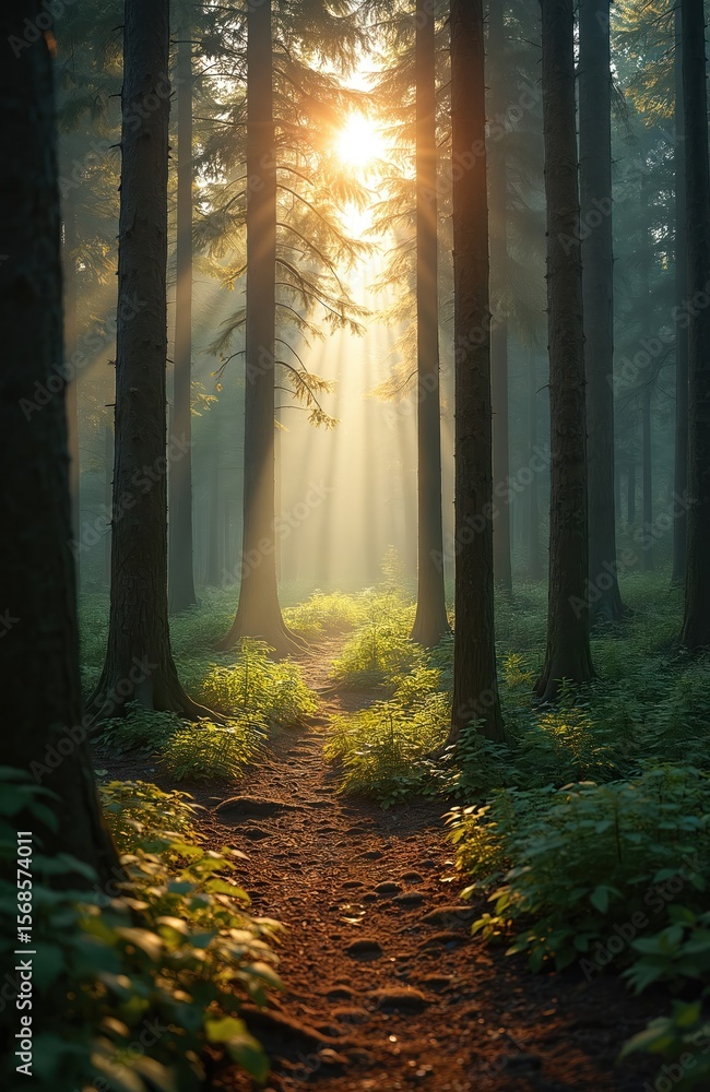 Fototapeta premium Golden sunbeams pierce through dense forest canopy, illuminating a winding dirt path. Rich green undergrowth thrives along the trail. Tall pine trees create a majestic, serene woodland atmosphere.