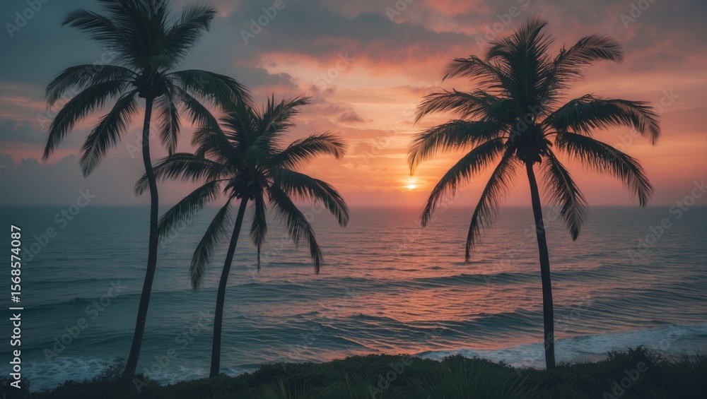 Sunrise over the ocean with three palm trees in the foreground and empty space for text. Sunrise over the ocean with three palm trees in the foreground and empty space for text.