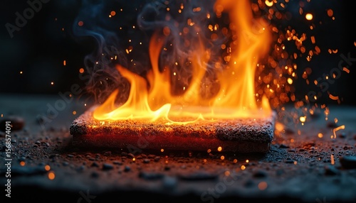 Close-up illustration of fire-resistant material undergoing flame retardant test. Bright orange flames engulf heat-proof construction substance, emitting sparks, smoke. Highlights safety, industrial