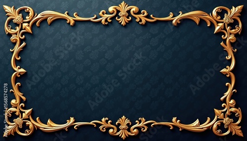 Elegant gold ornament frame on dark patterned background. Ornate decorative border, victorian style, luxury design. Vintage floral swirls, scrolls, embellishments for invitations, cards.