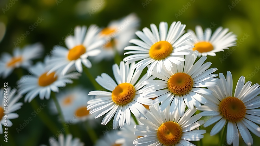Fototapeta premium Fresh daisies bathed in sunlight with a soft green background, showcasing delicate petals in close-up.