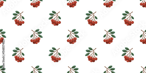 Seamless fall pattern with red rowan berries and green leaves. Cartoon vector background.