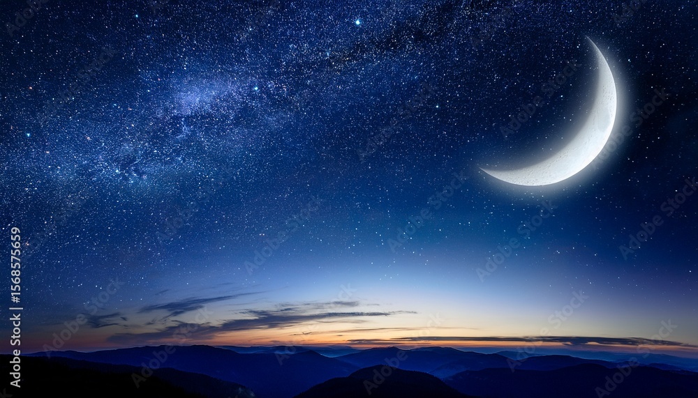 Obraz premium nighttime scene with illuminated crescent moon over star filled sky