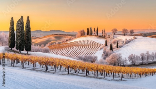 Winter's Embrace, A Snowy Vineyard Landscape in Tuscany, Italy, with Cypress Trees and a Golden Sky at Dawn
