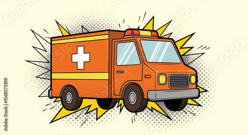Retro Halftone Orange Ambulance with White Cross Emblem, Light Bar, and Circular Headlights
