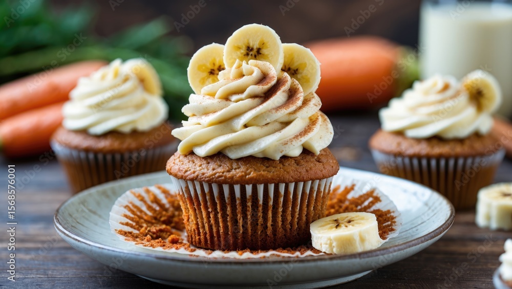 Delicious Carrot Cake Cupcake With Cream Cheese Frosting, Bananas And Cinnamon. Delicious Carrot Cake Cupcake With Cream Cheese Frosting, Bananas And Cinnamon.