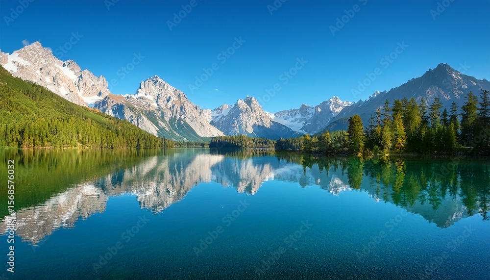 idyllic mountain landscape a serene lake reflecting majestic peaks under a clear blue sky idyllic mountain landscape a serene lake reflecting majestic peaks under a clear blue sky