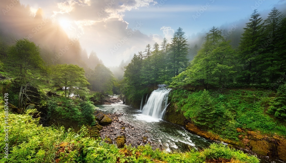 Fototapeta premium majestic forest landscape with cascading waterfalls and lush greenery during misty morning hours