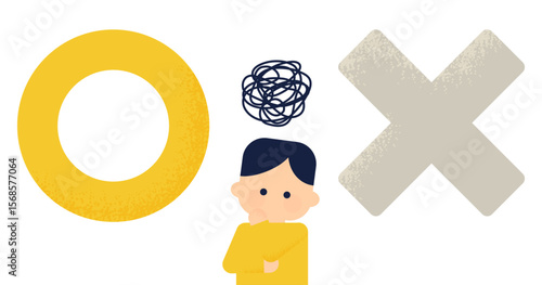 〇×を前に悩む人（男性・男の子）のイラスト｜選択に迷う・判断・困惑・思考・教育素材ベクター
