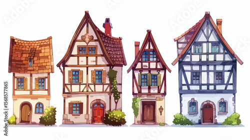 Charming Half-Timbered Houses: A Quaint Architectural Delight. Isolated, perfect for design         