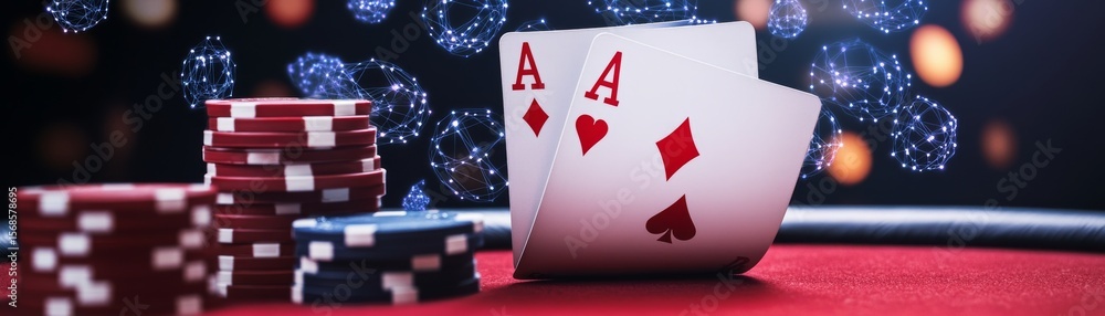 Obraz premium Ace Pair on Red Table with Digital Orbs, Poker , Gamble