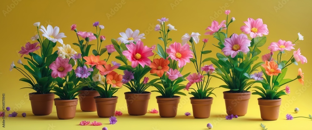 Artificial Flower Plants in Small Pots on Yellow Background with Empty Copy Space for Text Artificial Flower Plants in Small Pots on Yellow Background with Empty Copy Space for Text
