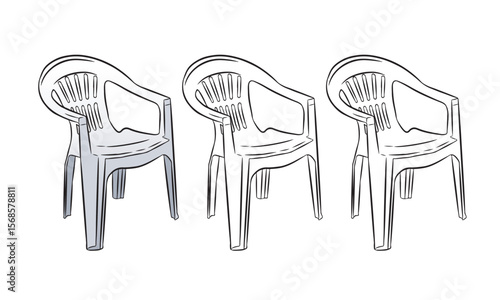 Group of three drawings of plastic chairs, a popular piece of furniture in Brazil in bars and pubs. Isolated on a transparent background-01.eps