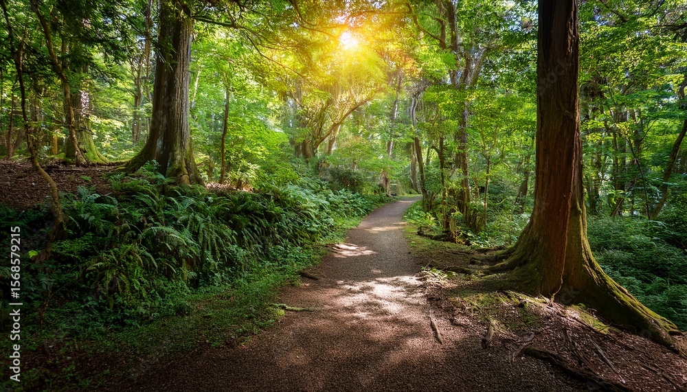 Fototapeta premium serene pathway through lush green forest with dappled sunlight
