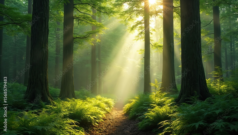 Obraz premium Path through dense forest bathed in sunlight. Tall trees with green ferns line trail. Sunbeams pierce canopy, illuminating mist, foliage. Peaceful woodland scene, serene natural beauty, tranquility.