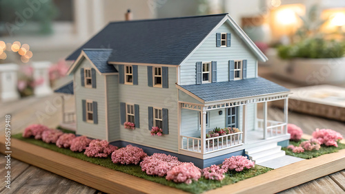 Miniature Ranch-Style House with Pink Flowers and Navy Porch Accents