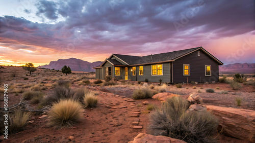 Charcoal Ranch House with Yellow Accents in Desert Sunset Landscape