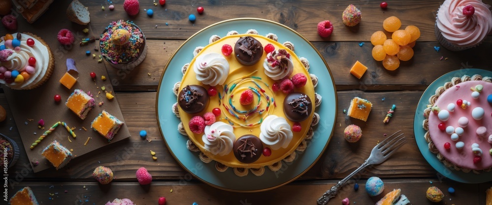 Fototapeta premium Cake with sweets on a wooden background, topped with cherries and whipped cream, with empty space for text. Sweets and desserts arranged on plates and around.