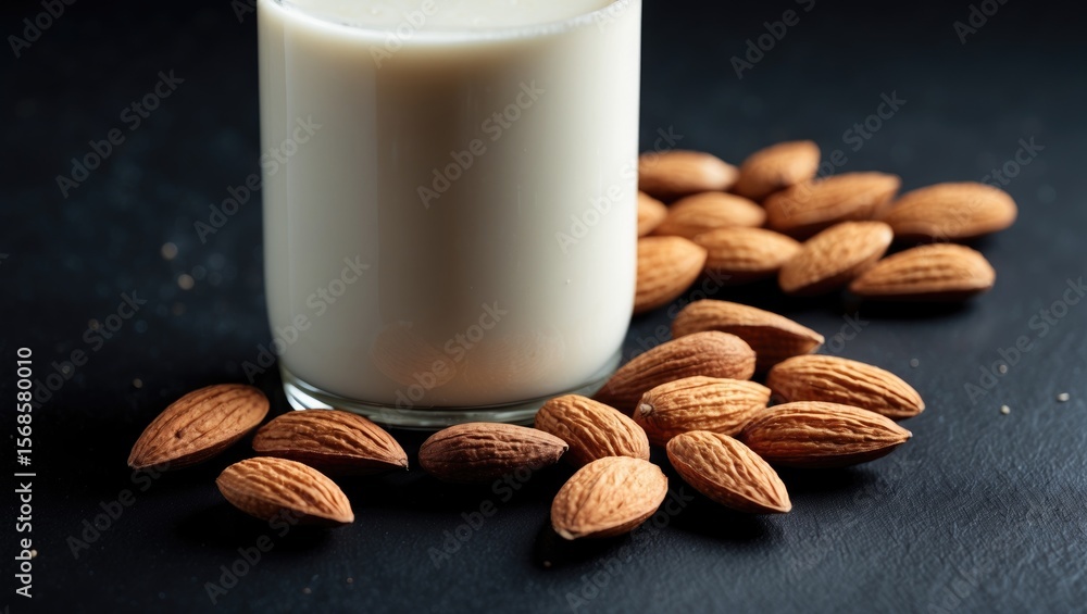 A bottle of almond milk and almonds on a black surface A bottle of almond milk and almonds on a black surface