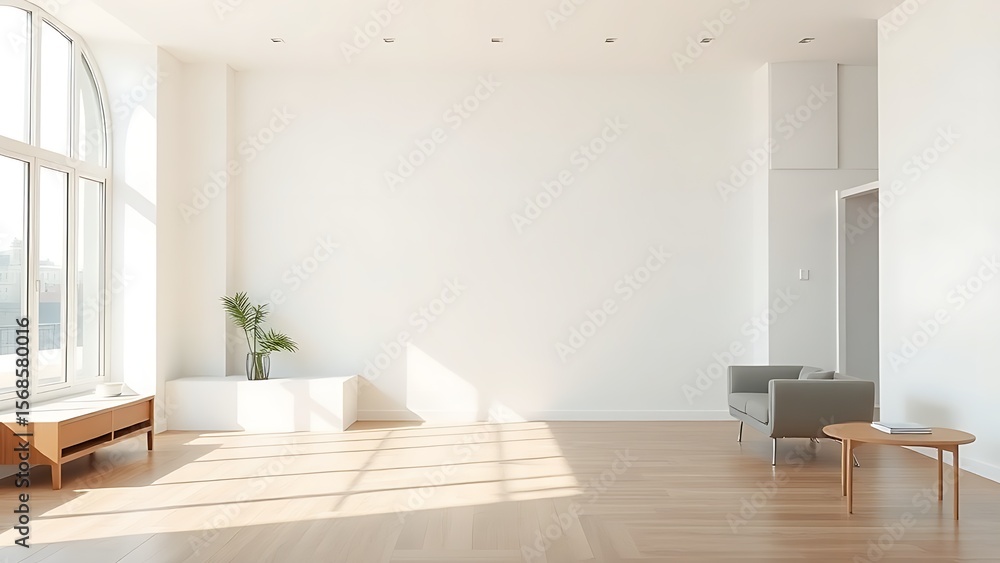 Fototapeta premium Minimalist living room with white walls and wooden floors, bathed in natural light.