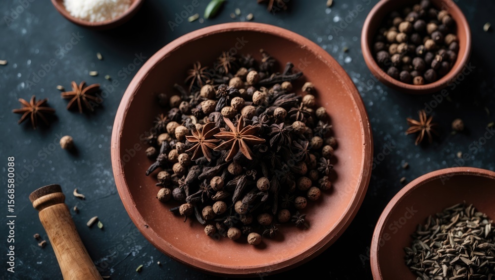 Allspice in clay plate with background of ingredients. Allspice in clay plate with background of ingredients.